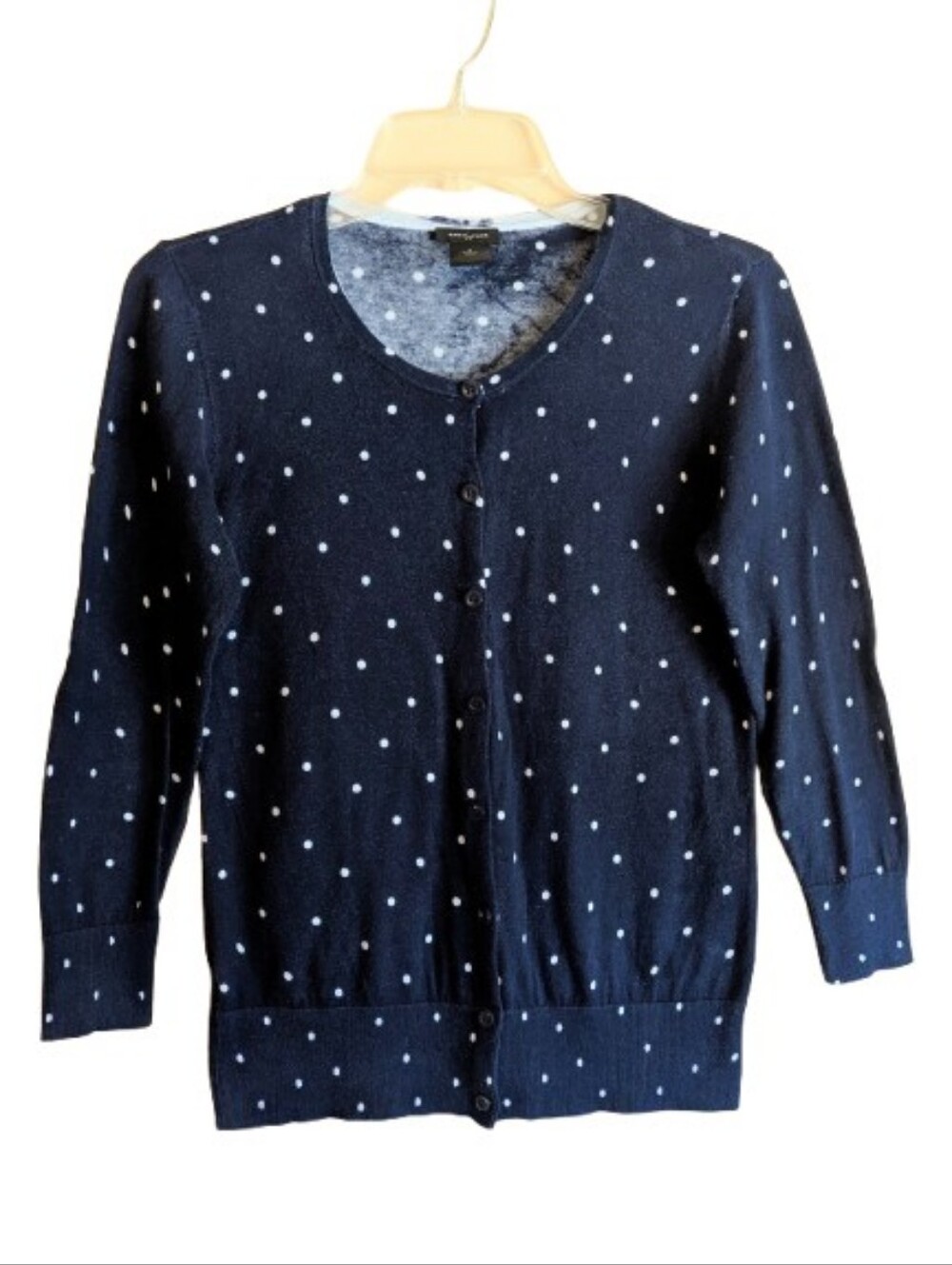 Ann Taylor Navy Blue With White Polka Dots Cardigan Sweater Button Up Cotton